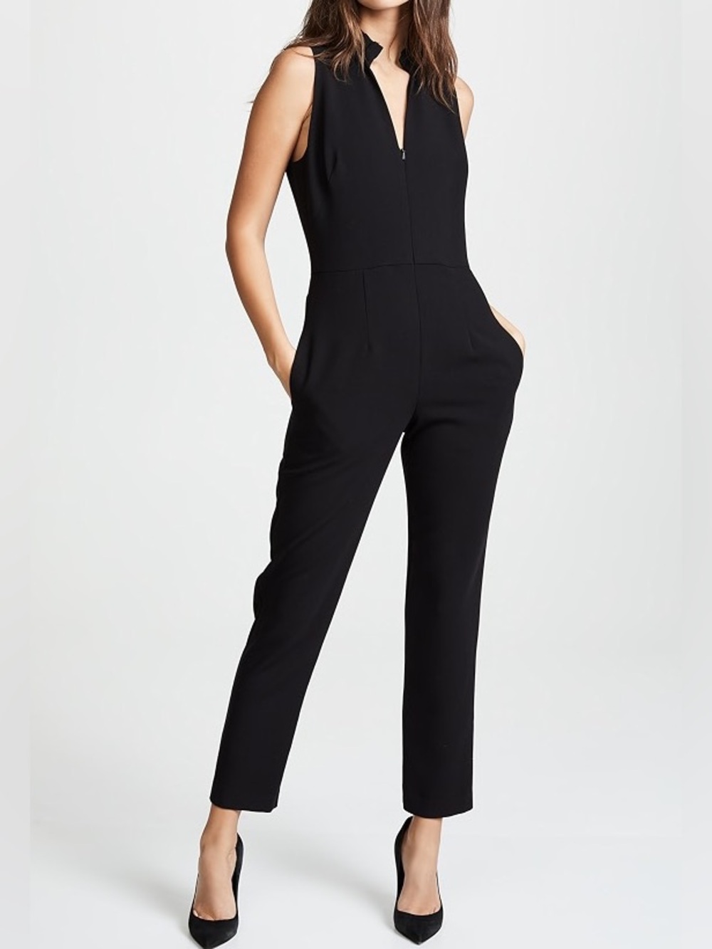 Black Halo Antoinette Jumpsuit Black Ruffle Neck Sleeveless Size 8